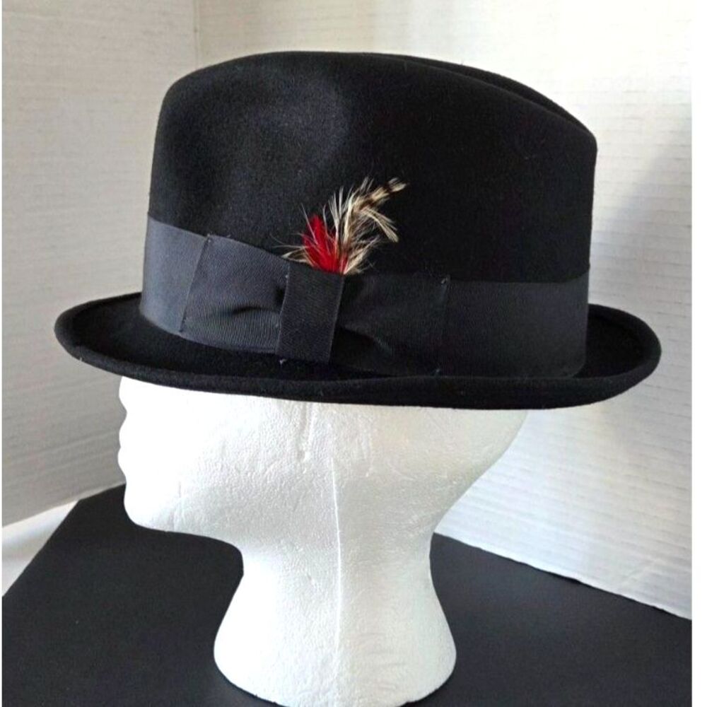 Goorin Brothers Vintage Black Wool Felt Fedora Hat Feather Accent Medium USA
